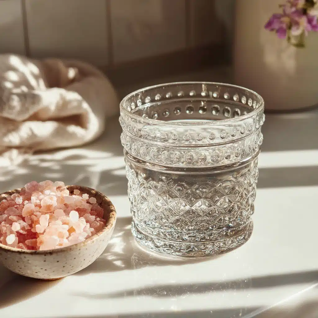 Glass of filtered water and bowl of Himalayan pink salt for pink salt trick recipe in morning light