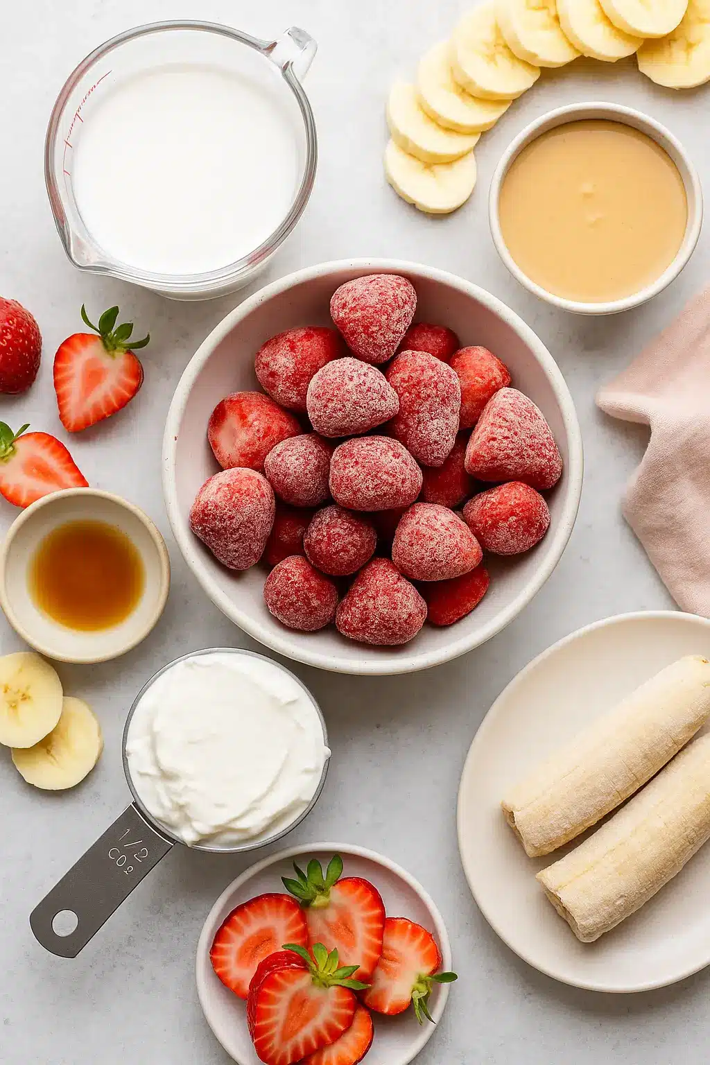 Strawberry peanut butter smoothie ingredients arranged on a light surface.