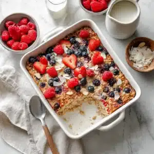 Baked oatmeal with berries in a white ceramic dish with fresh fruit and coconut