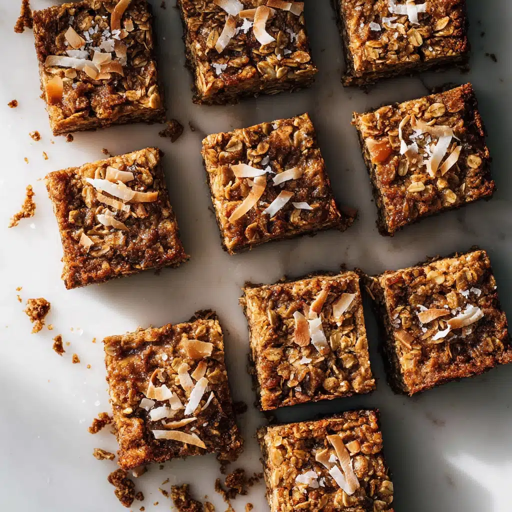 Top view of homemade peanut butter oat breakfast bars with coconut flakes