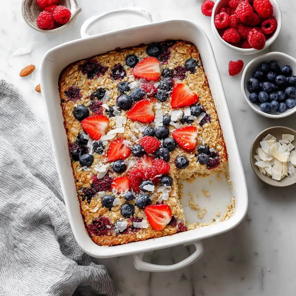 Beta glucan recipes: baked oatmeal with strawberries, blueberries, and raspberries in white dish