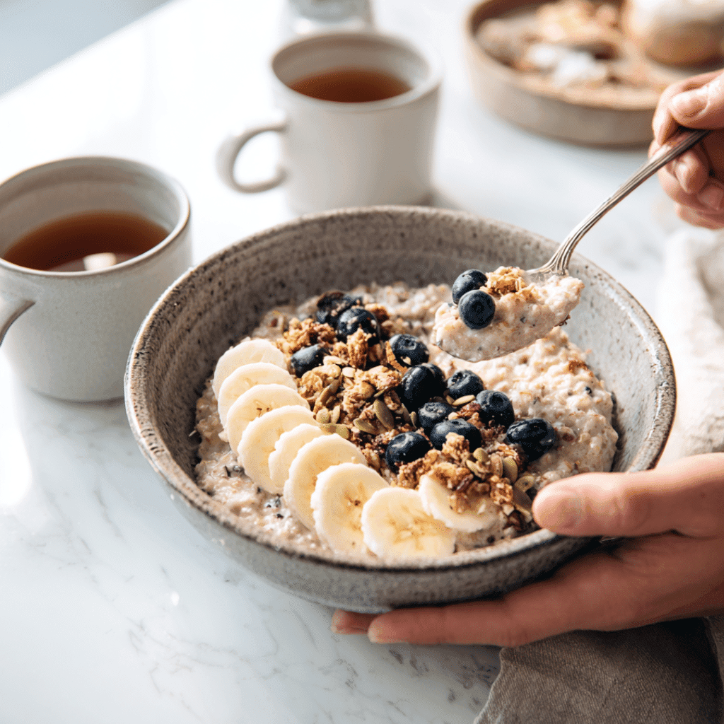 Beta glucan recipes: oatmeal topped with figs, oranges, and chopped almonds