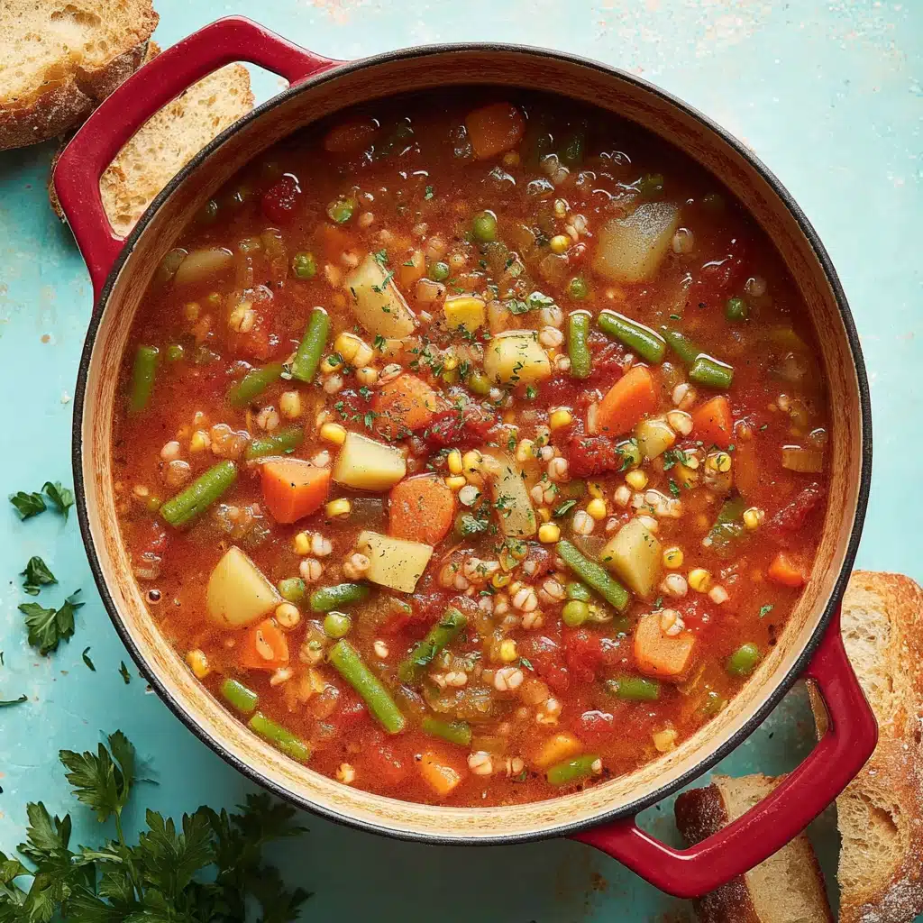 Beta glucan recipe: hearty vegetable barley soup in a red Dutch oven with bread on the side