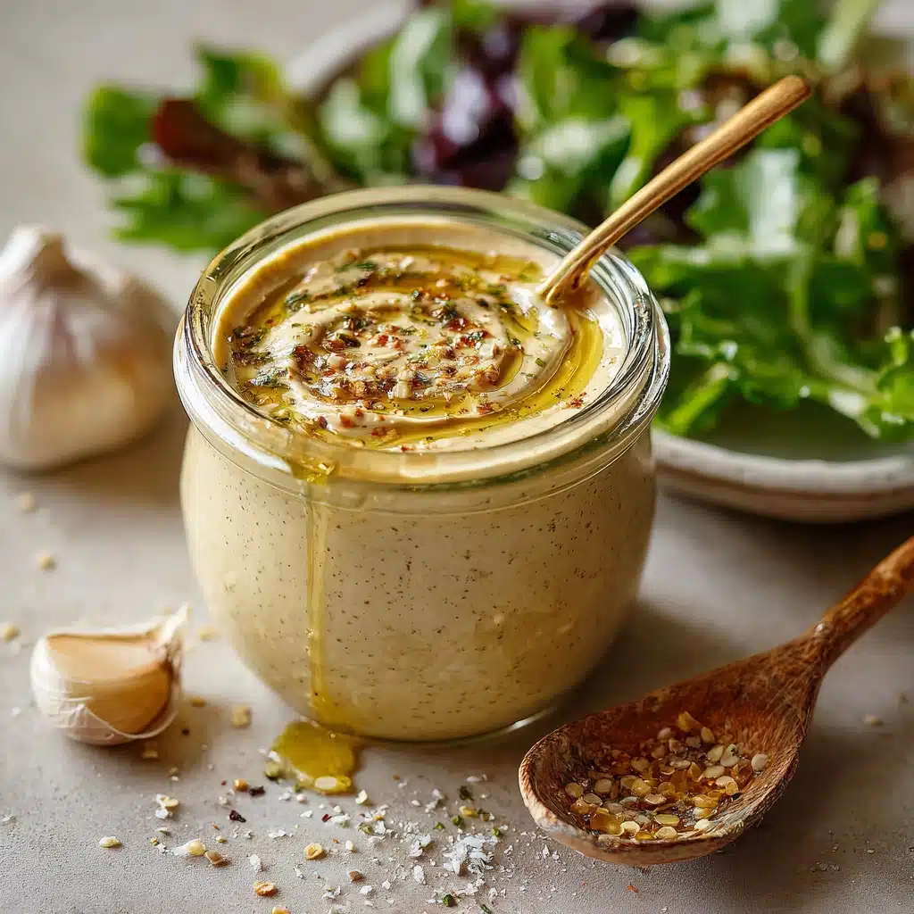 Jar of creamy garlic yeast dressing with olive oil drizzle and fresh greens