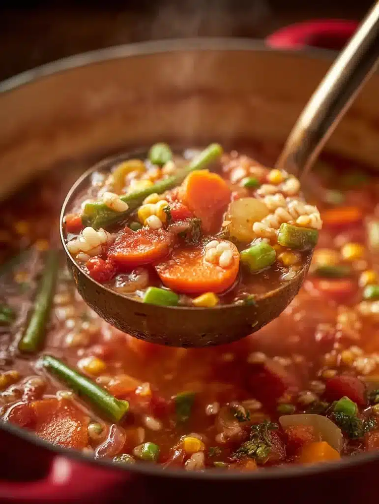 Close-up of a ladle lifting vegetable barley soup from a red Dutch oven