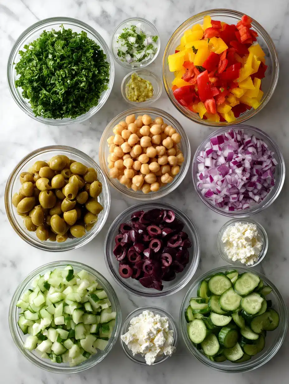 Flat lay of fresh dense bean salad ingredients labeled in bowls on marble background