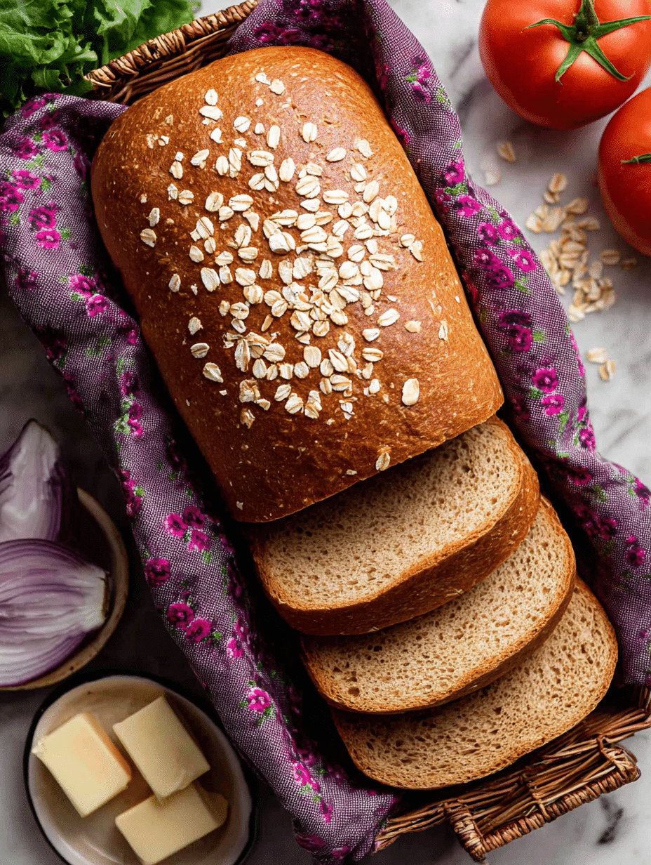 Freshly baked sliced easy whole wheat bread loaf with oat topping in basket