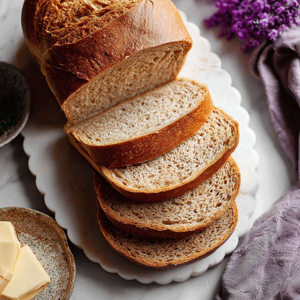 Sliced esy whole wheat bread loaf on marble board