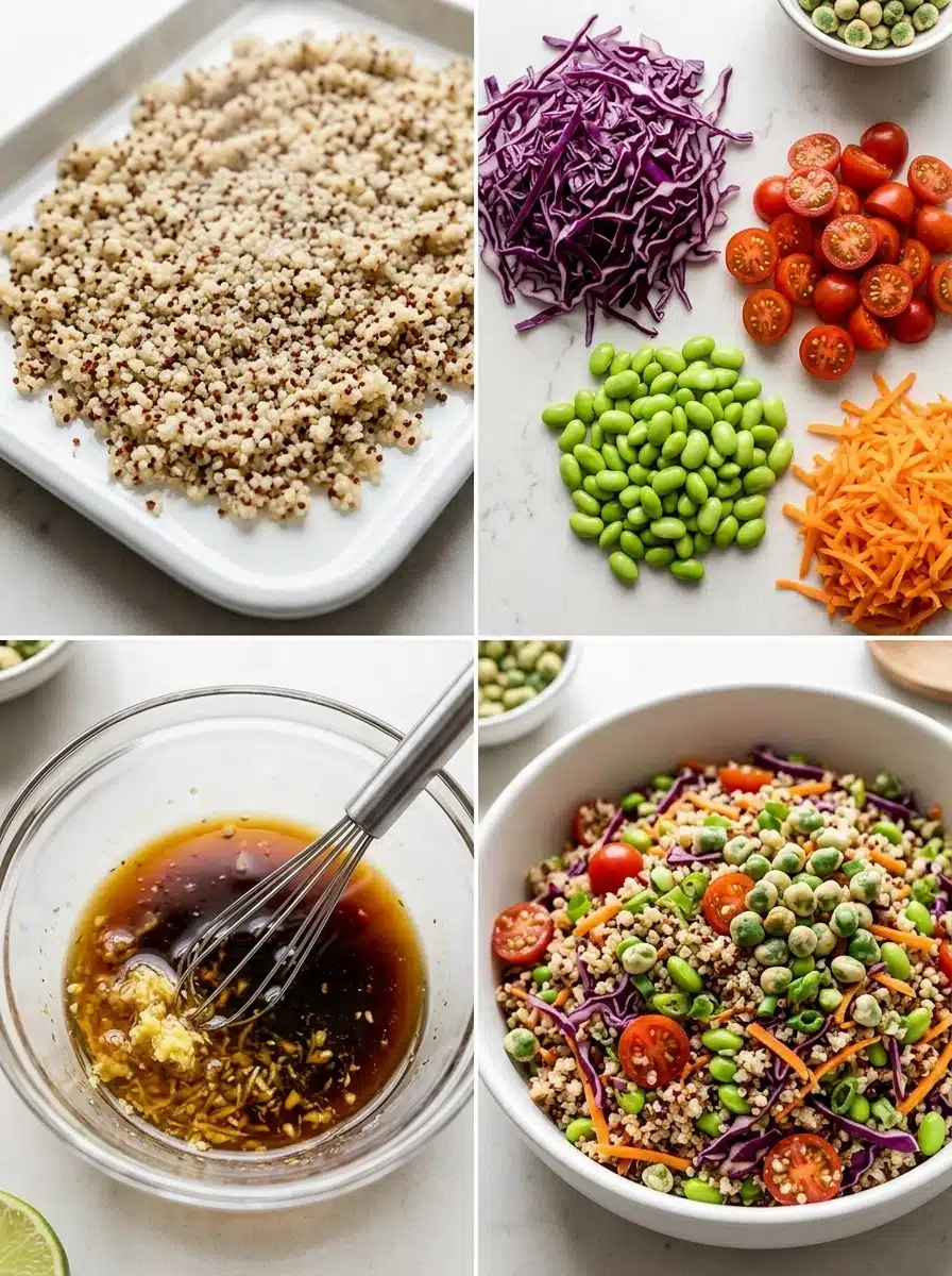 Step-by-step view of quinoa salad preparation with ingredients and assembly stages.
