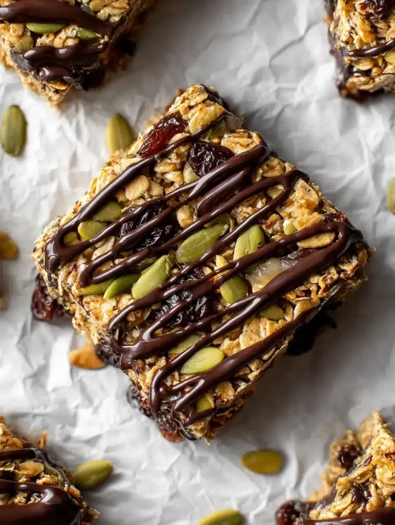 Healthy flapjack bar topped with dark chocolate drizzle on parchment paper