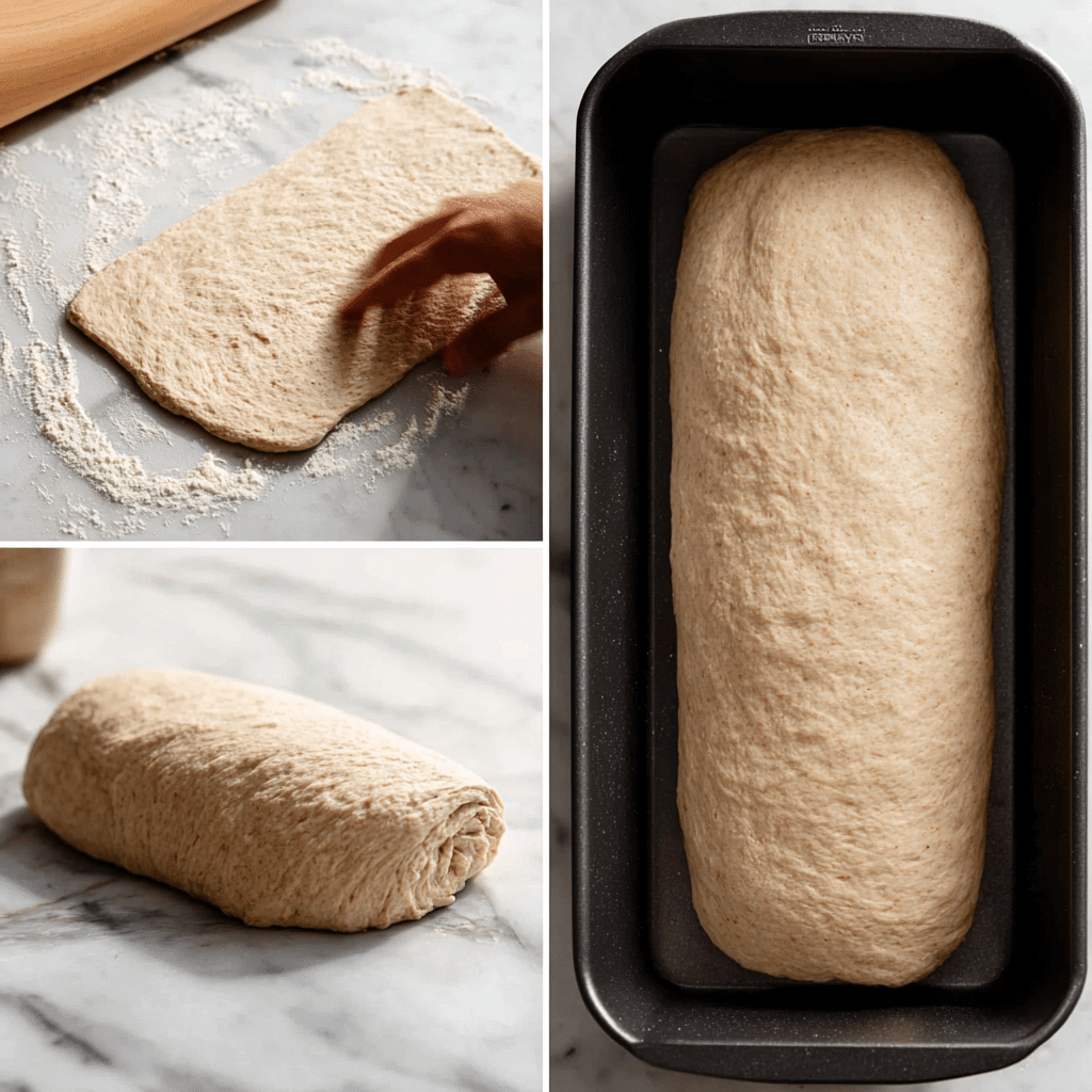 Shaping whole wheat bread dough into a loaf on marble surface