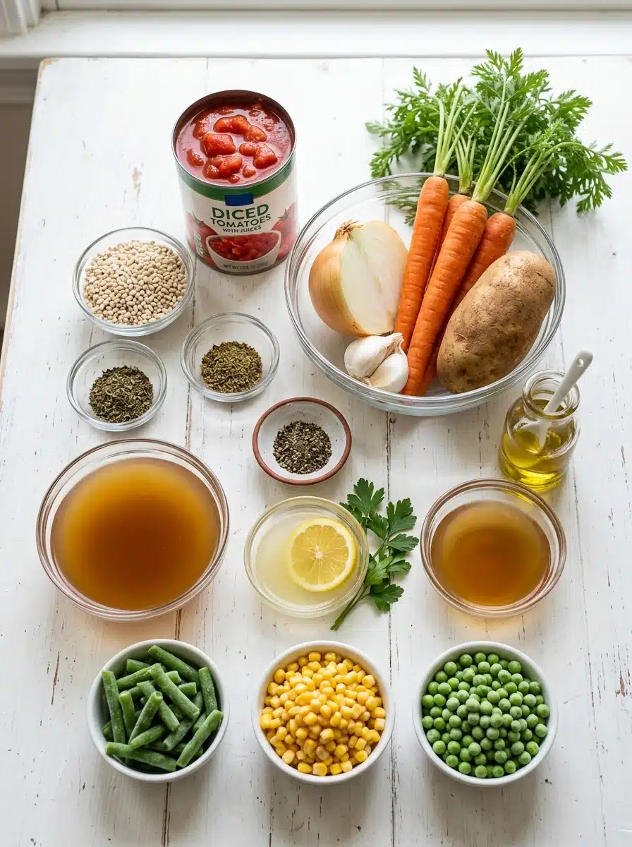 Overhead view of vegetable soup ingredients, including tomatoes, barley, carrots, onion, potato, broth, and mixed vegetables.