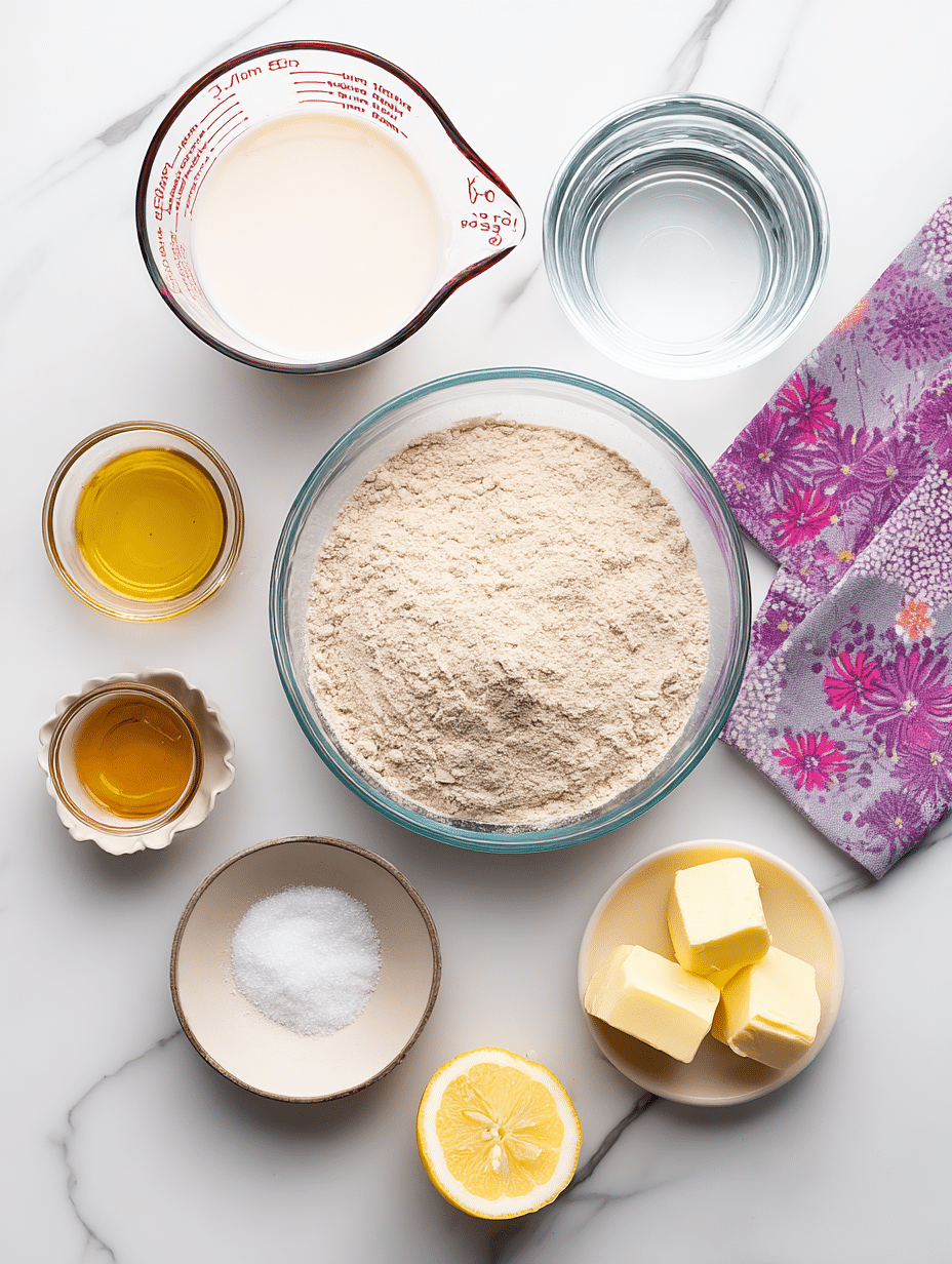 Flat lay of whole wheat bread ingredients on marble background