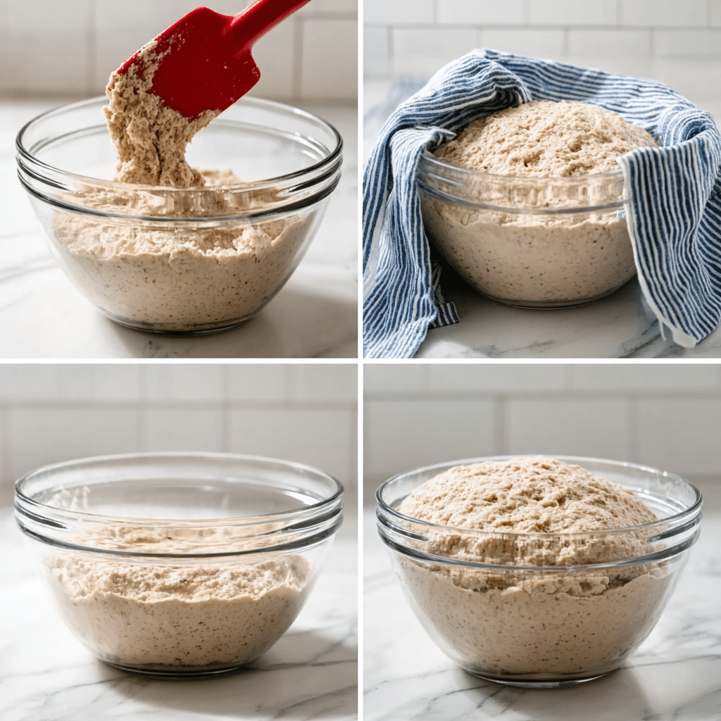 Four stages of whole wheat bread dough rising in a glass bowl