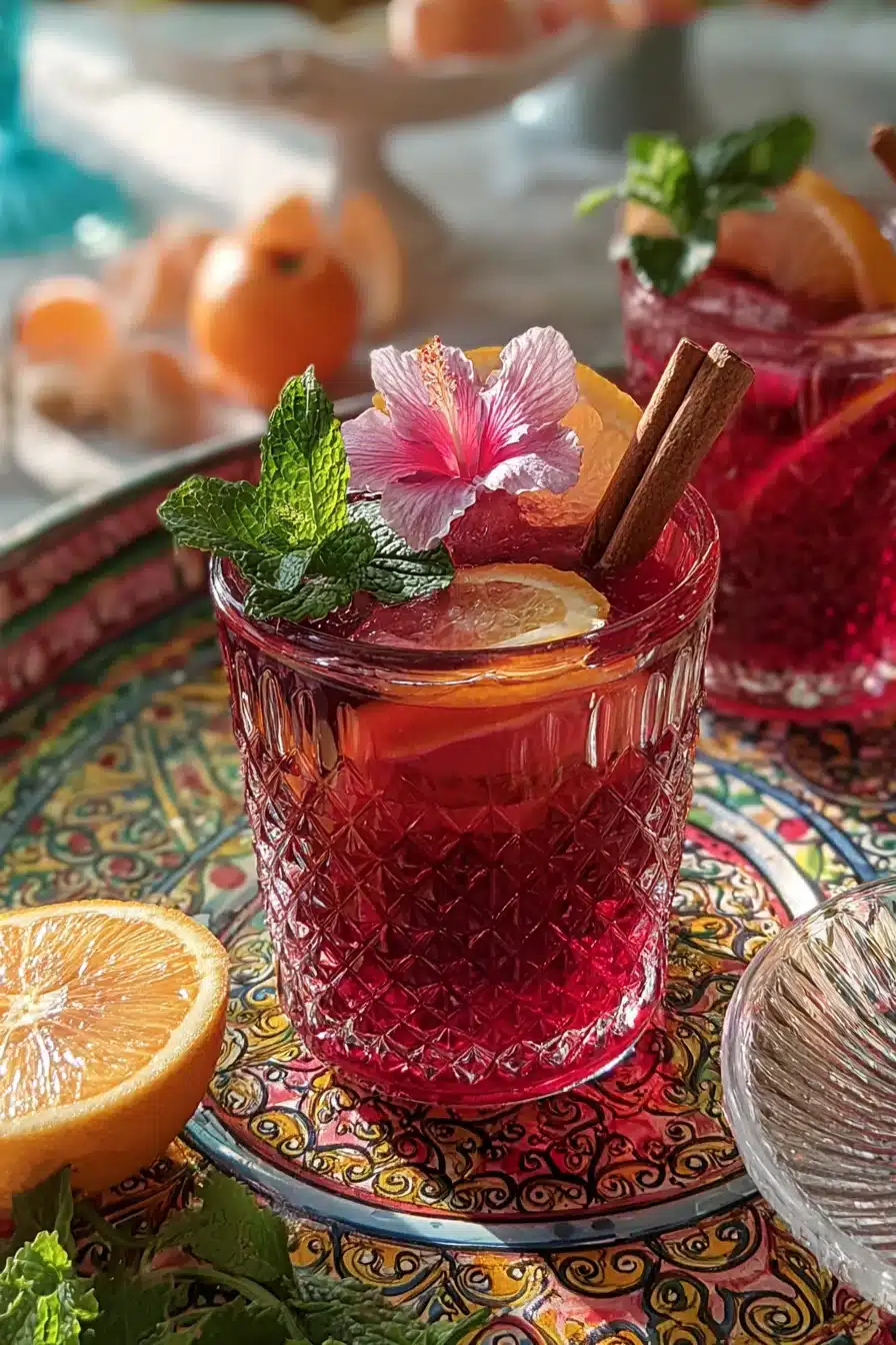 Refreshing hibiscus tea recipe for weight loss with orange, mint, cinnamon, and flower garnish