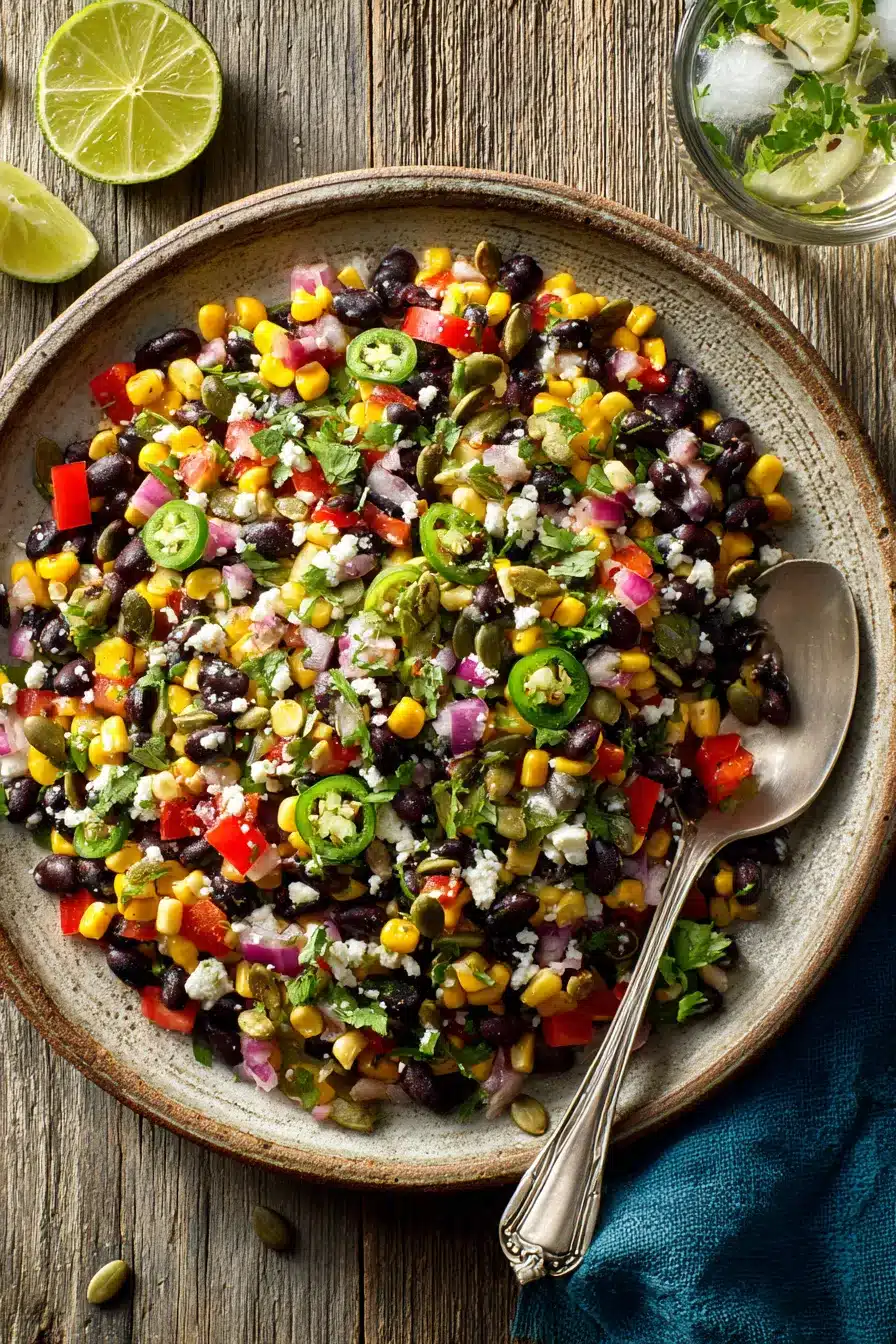 Plate of Black Bean and Corn Salad with Spoon and Lime