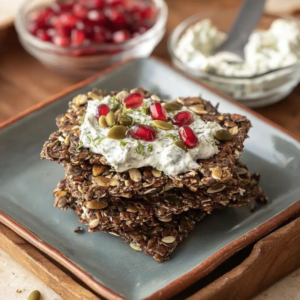 Homemade seed crackers recipe with flaxseeds, pumpkin seeds, and chia seeds topped with herbed cream cheese and pomegranate