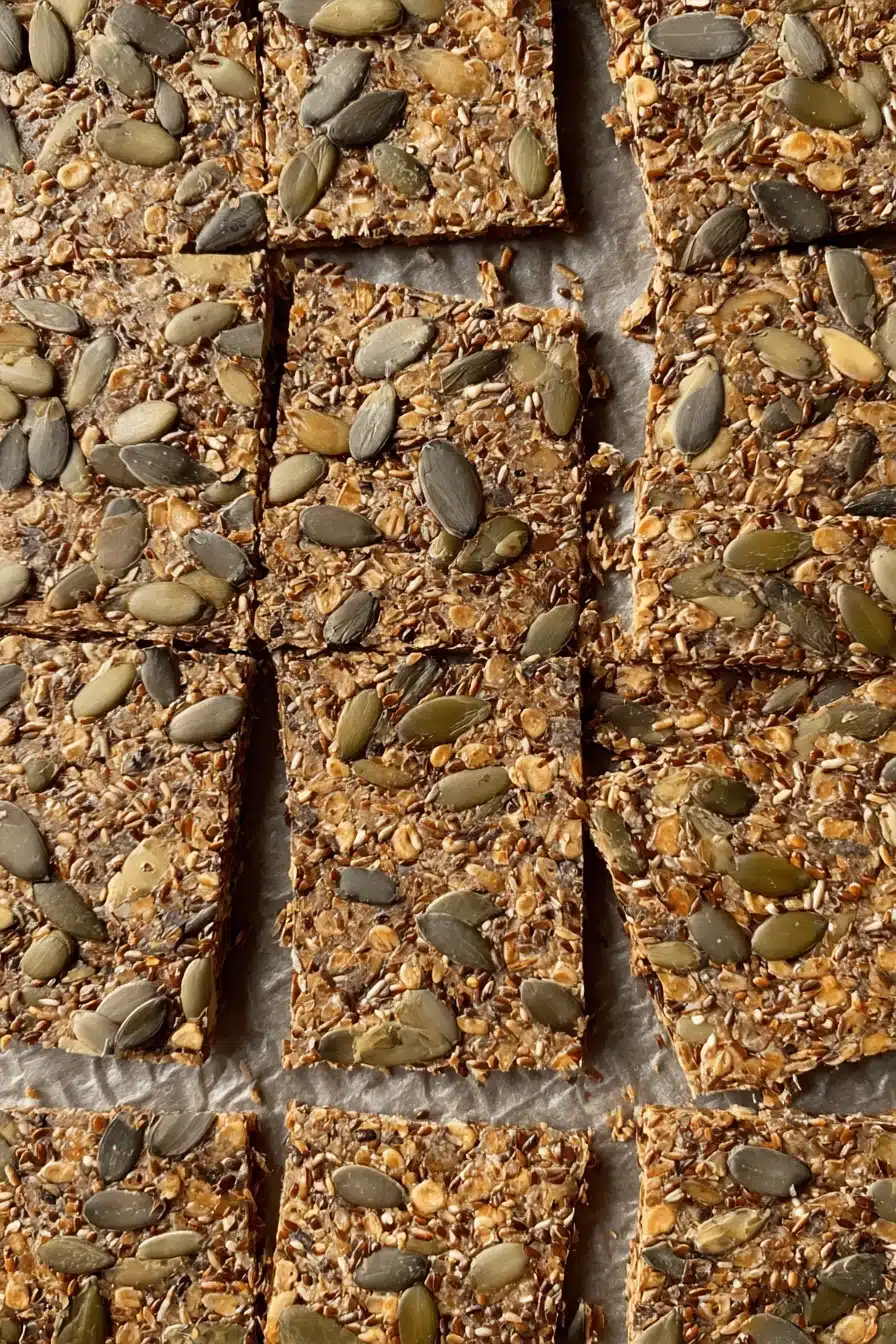 Baked sheet of homemade seed crackers scored into squares with flax, pumpkin, and sunflower seeds