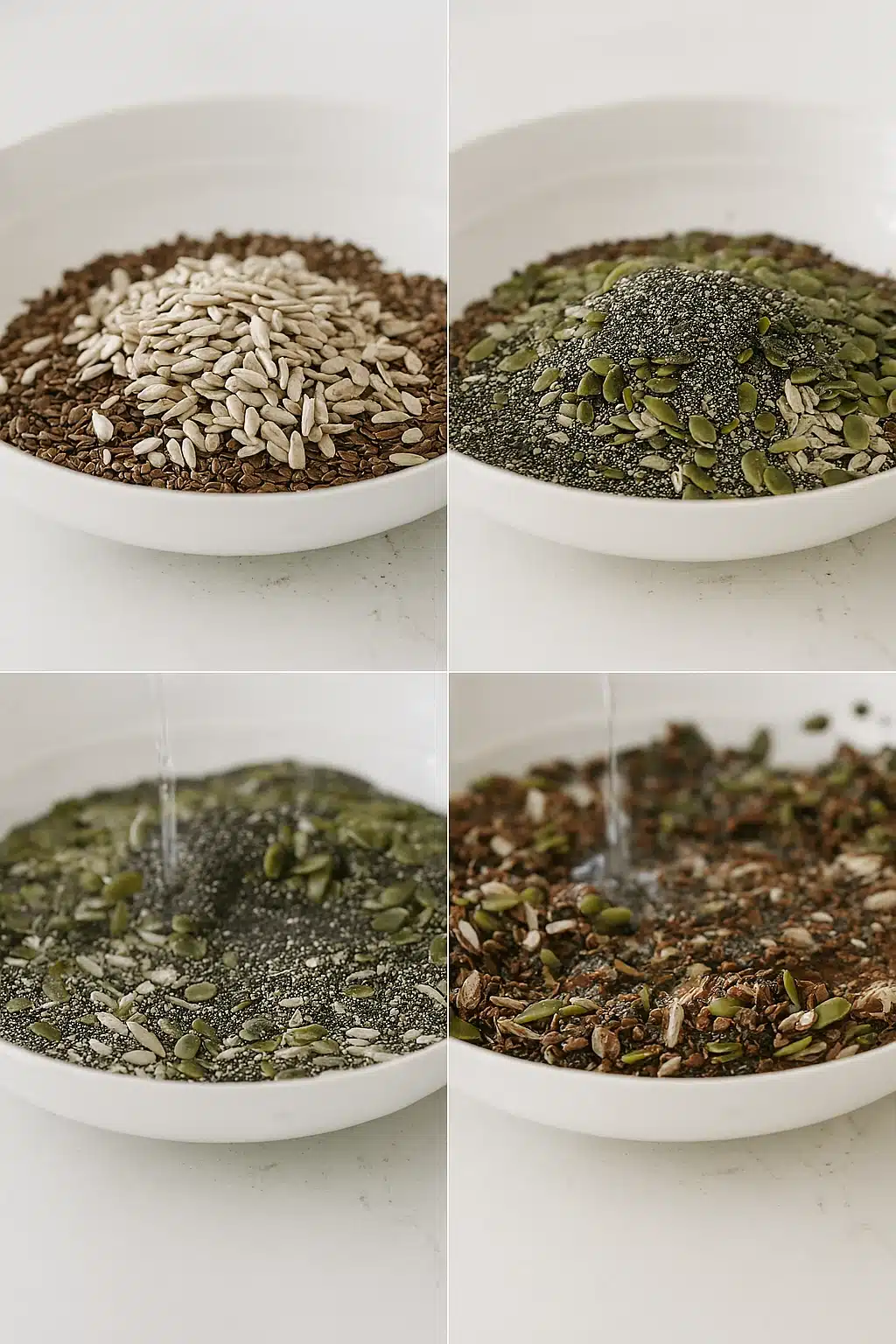 Step-by-step seed crackers recipe preparation with flax, sunflower, pumpkin, and chia seeds