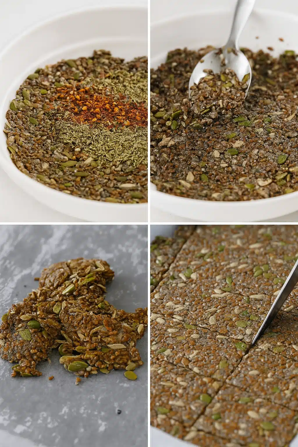 Mixing and spreading seasoned seed mixture for homemade seed crackers recipe