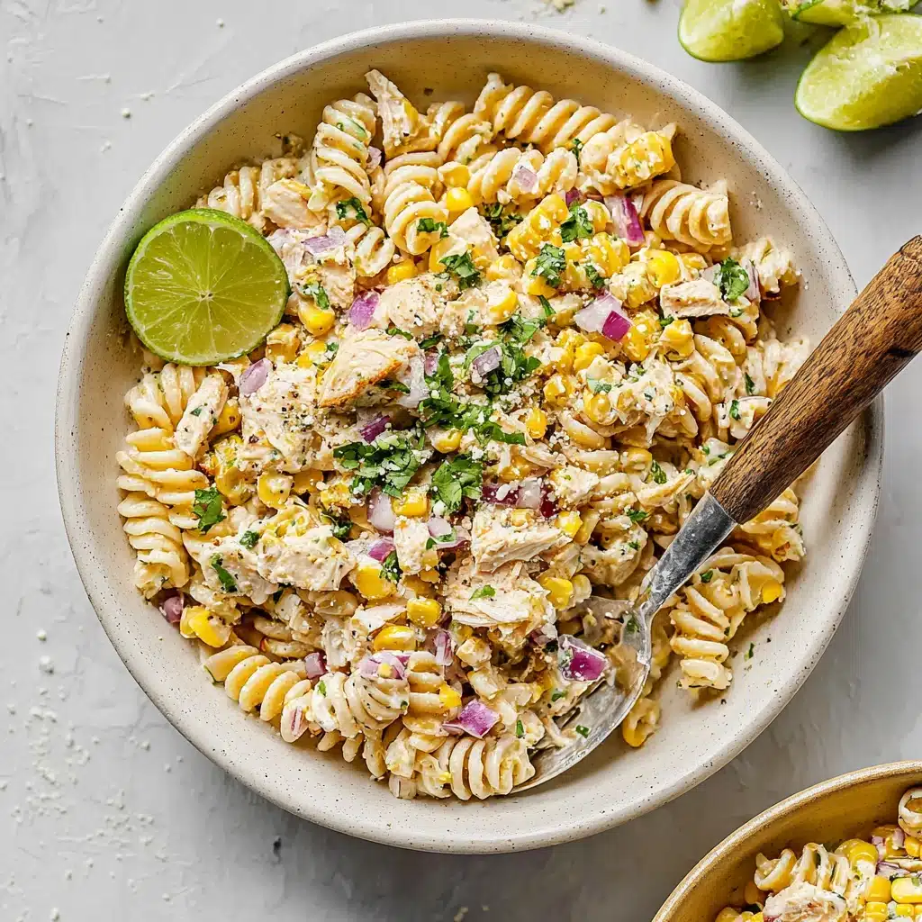 Street Corn Pasta Salad with rotini, corn, chicken, and lime in white bowl