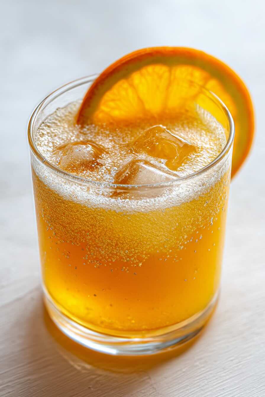 Bright orange cortisol cocktail with fizz and orange garnish