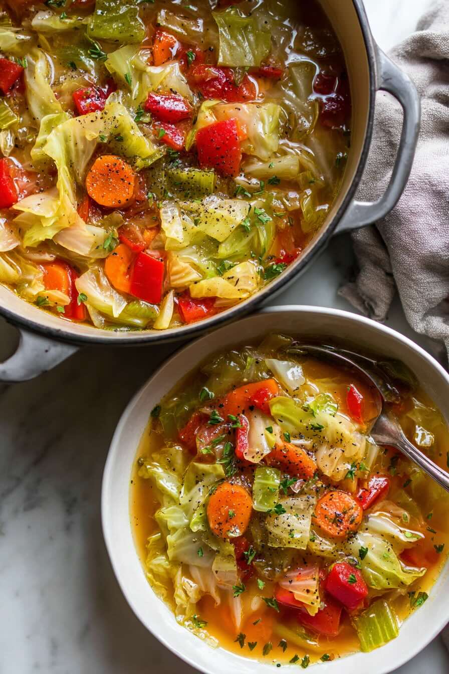 Healthy cabbage soup for weight loss with vegetables in a pot and bowl
