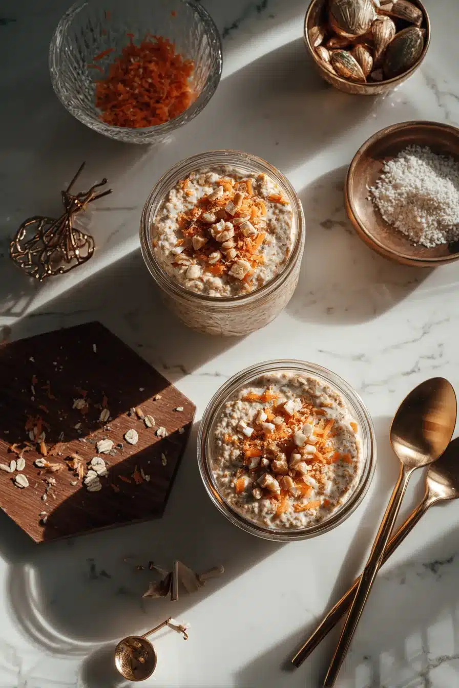 Overhead view of two jars of carrot cake overnight oats on marble with toppings