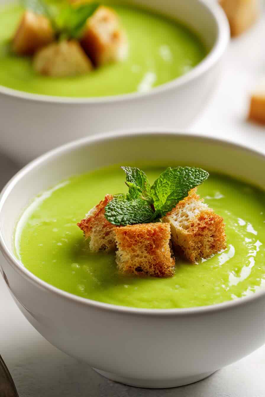 Bowl of vegan pea soup with croutons and mint leaves