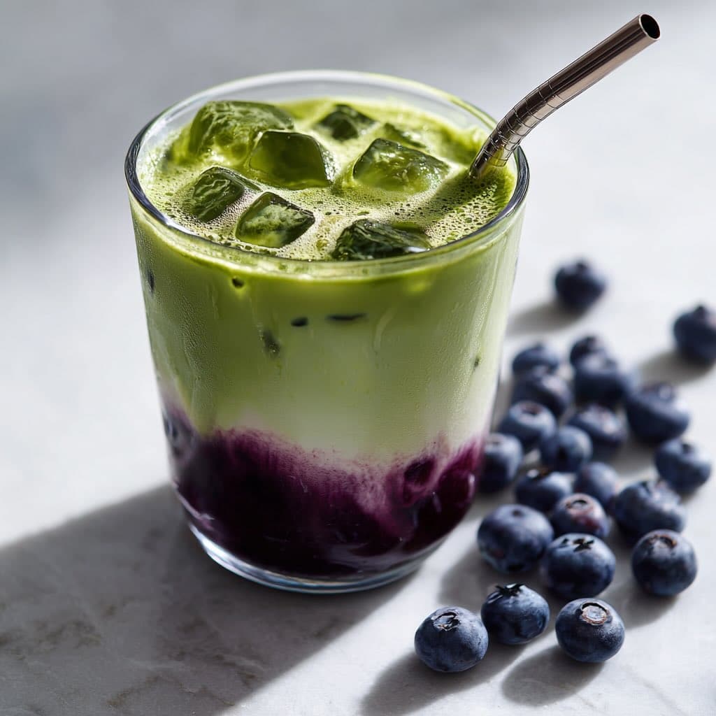 Iced blueberry matcha latte in a short glass with fresh blueberries