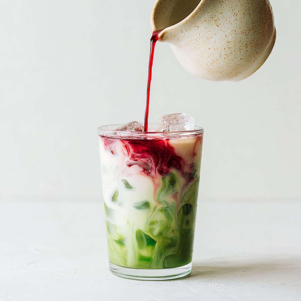 Blueberry matcha latte with syrup being poured in glass