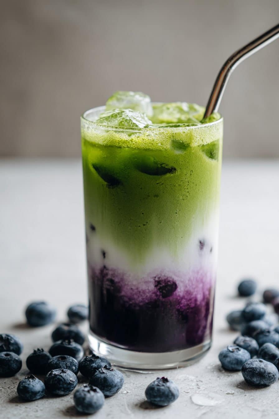 Tall blueberry matcha latte with vibrant layers and fresh blueberries