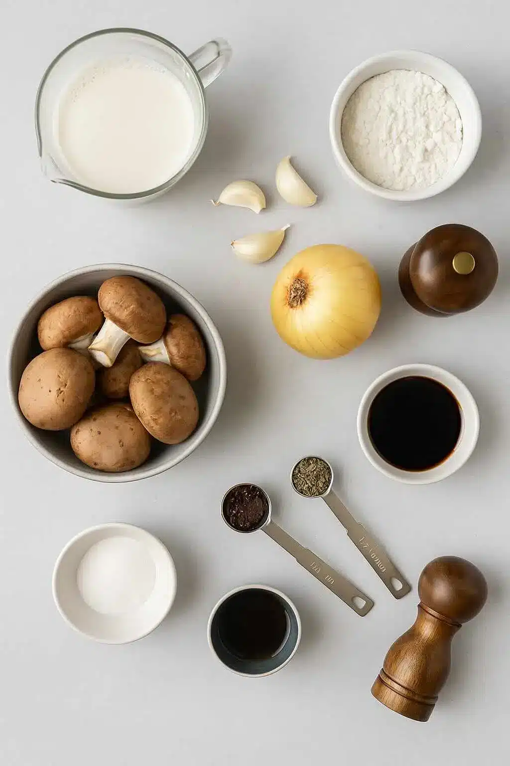 Ingredients for vegan mushroom gravy flat lay on gray surface