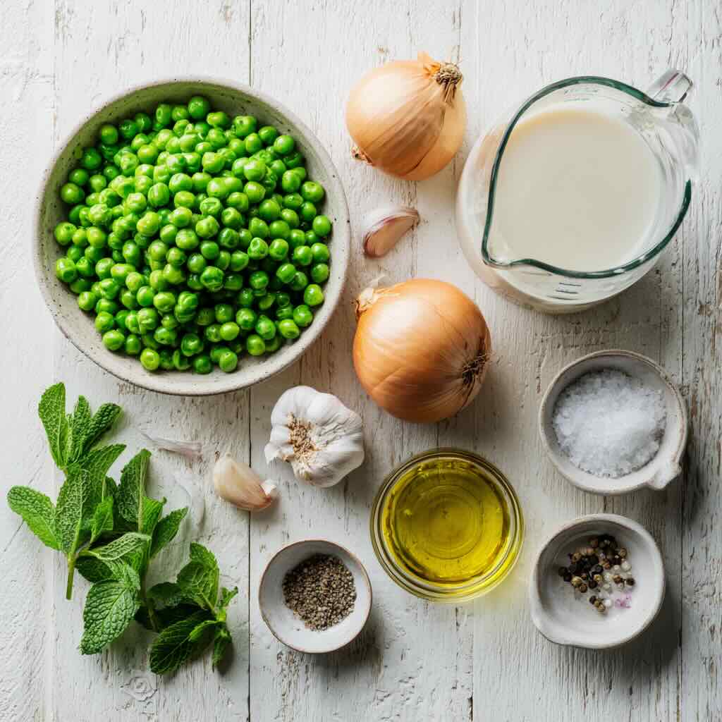 Fresh vegan pea soup ingredients flat lay on white wooden background