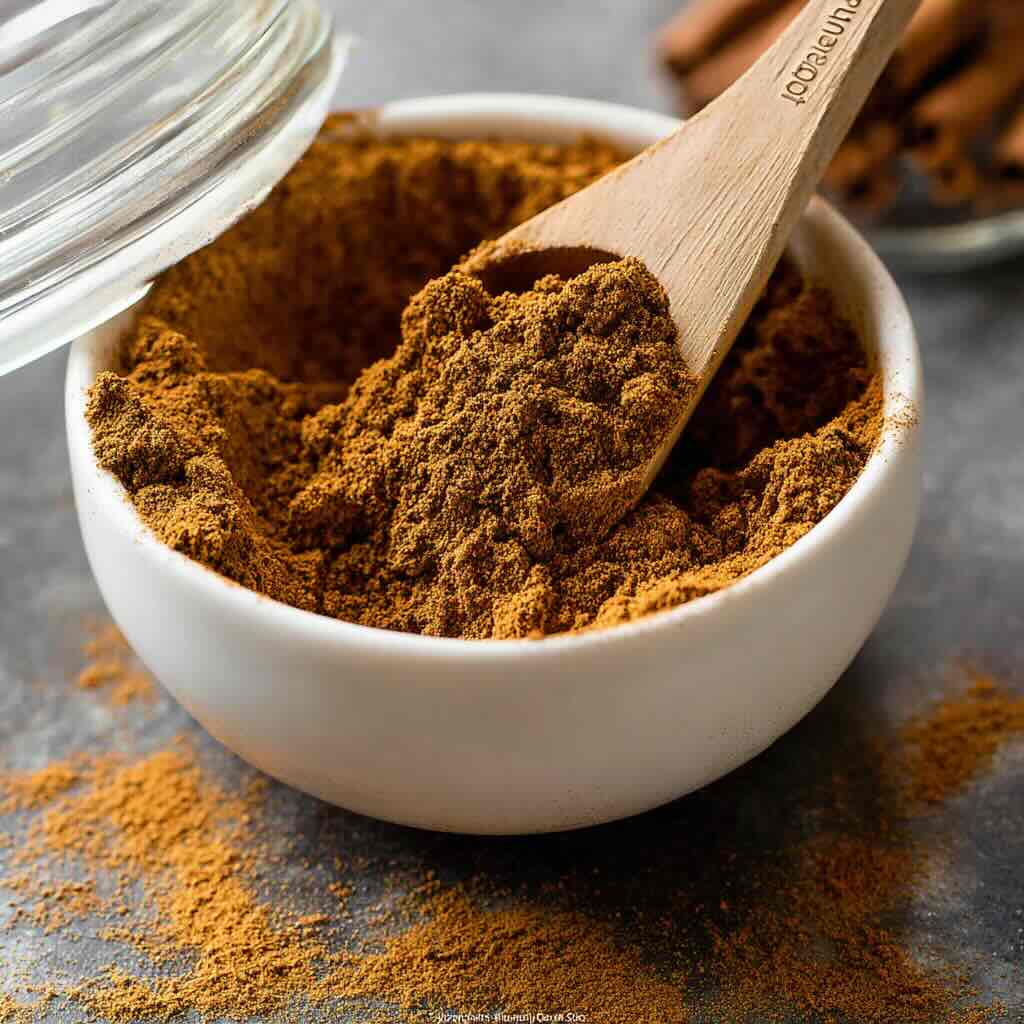 Close-up of ground pumpkin pie spice with wooden spoon in white bowl