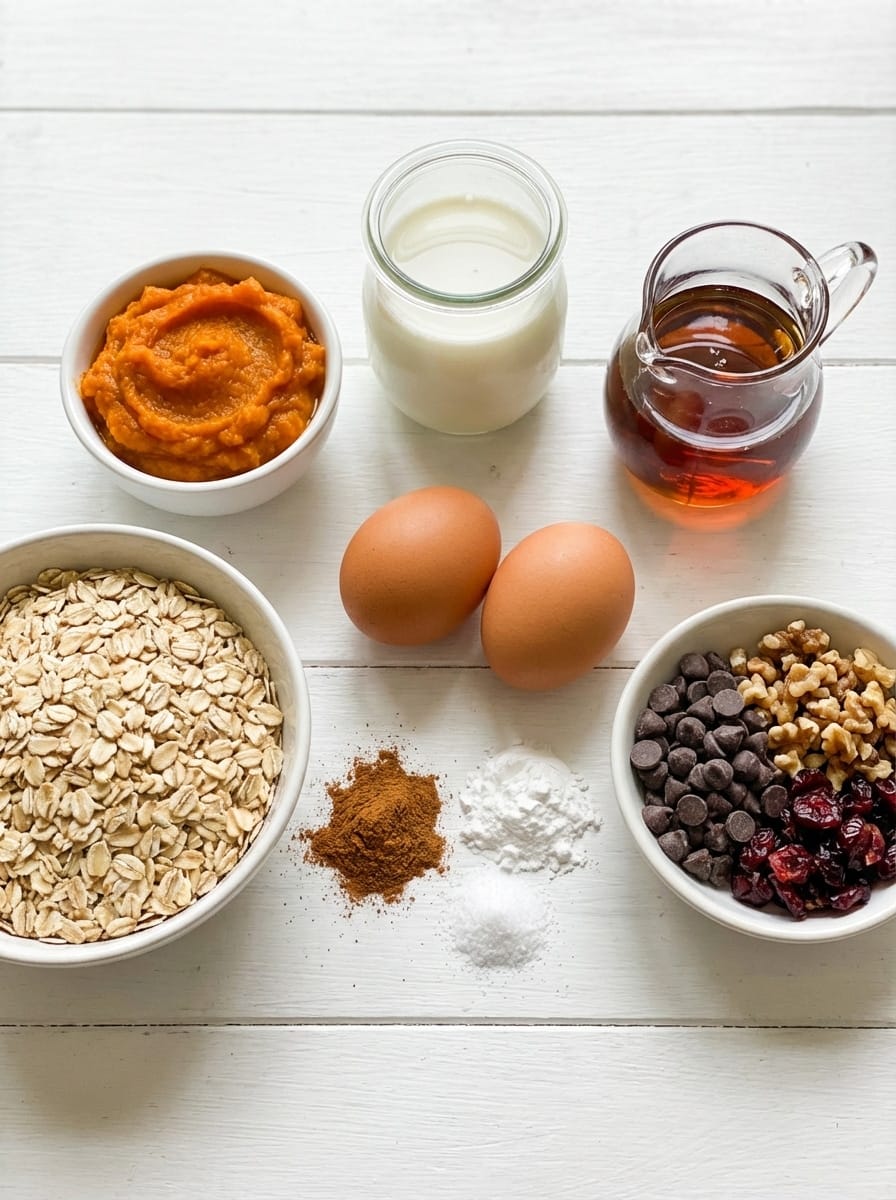 Pumpkin puree, oats, eggs, maple syrup, and spices arranged for pumpkin oat muffin cups