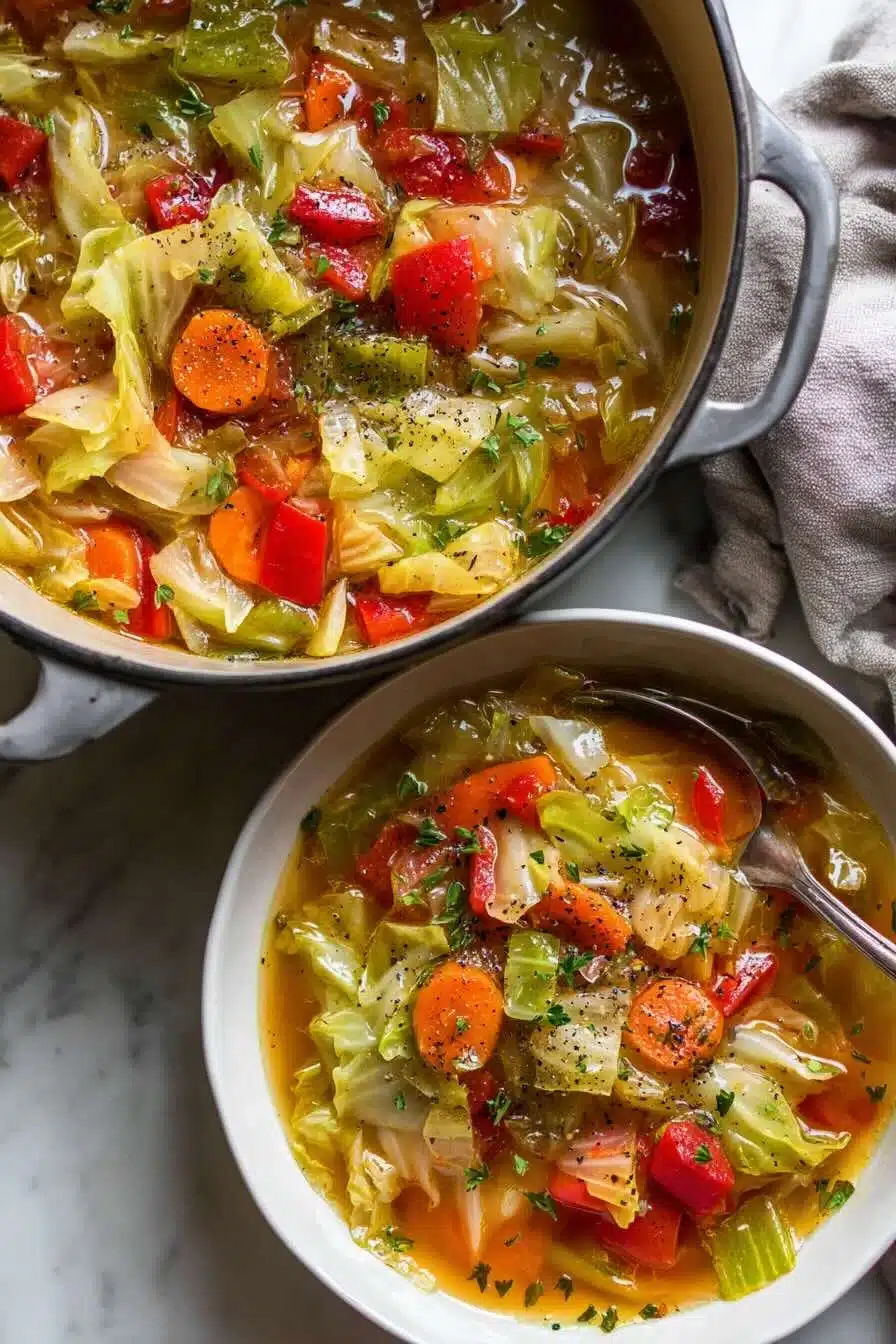 Cabbage vegetable soup served in a white bowl beside a Dutch oven full of soup, with cabbage, carrots, red bell pepper, and herbs.