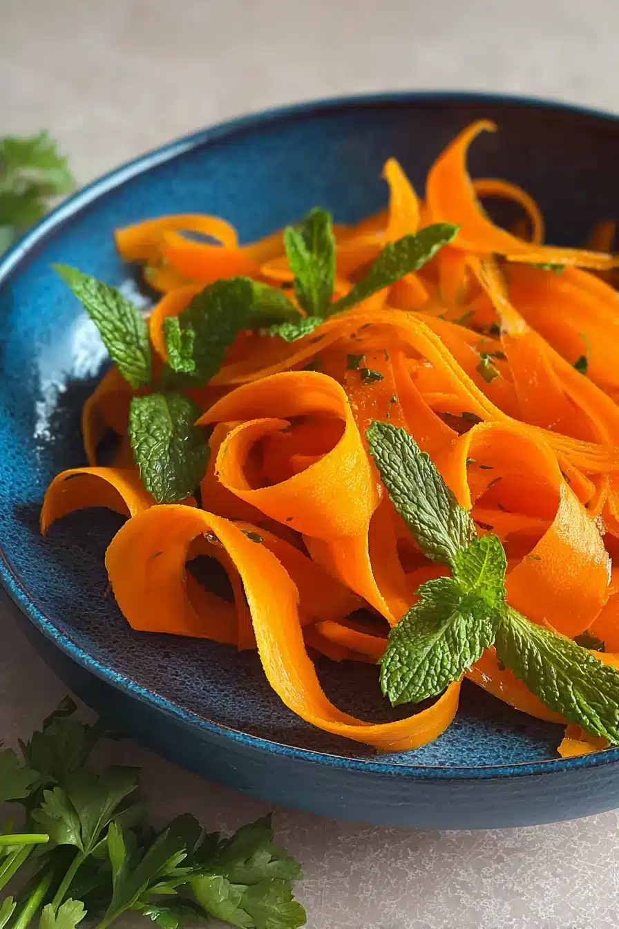 Close-up of a carrot ribbon salad with mint and parsley in a blue bowl, with fresh parsley on the side.