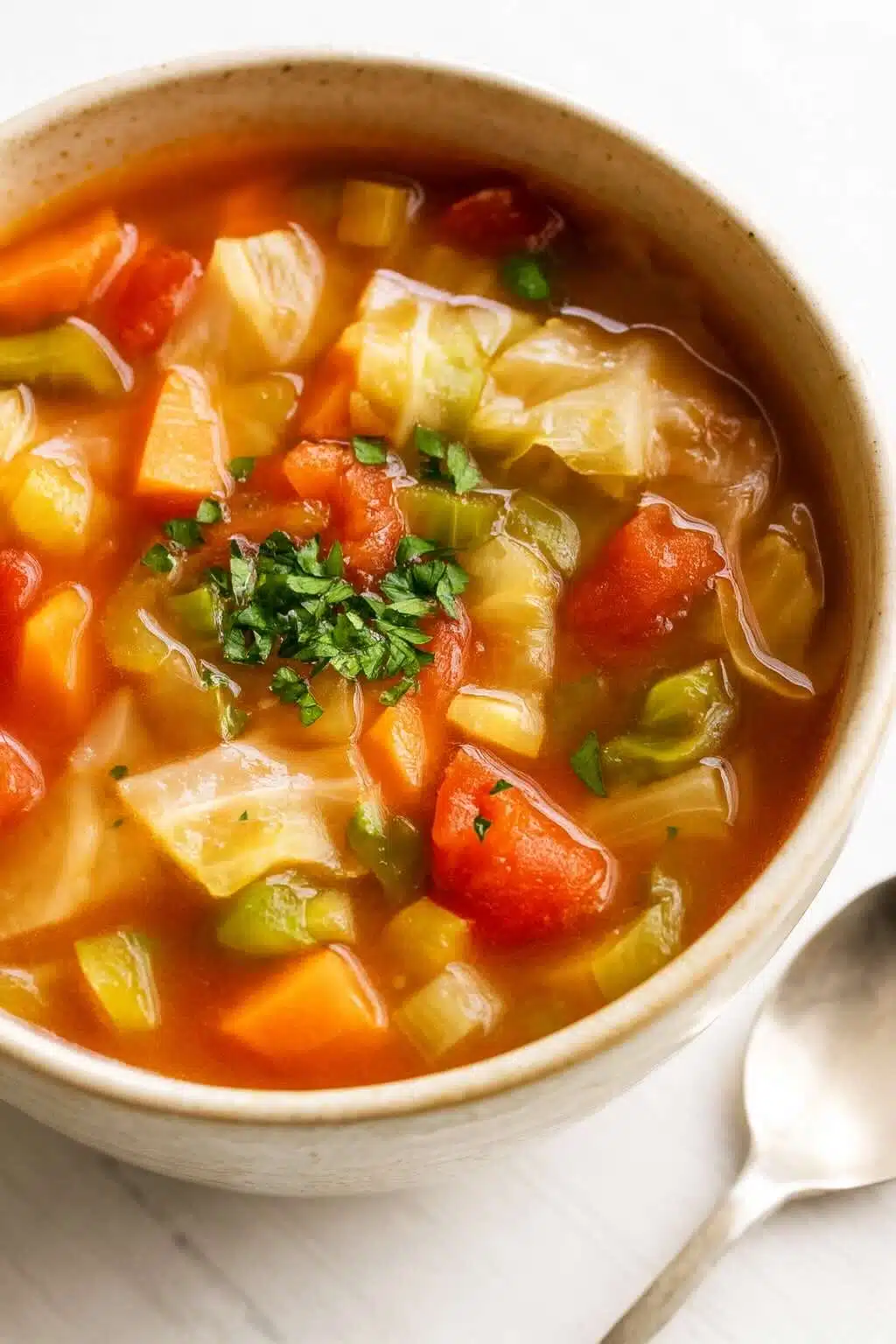 Close-up of a healthy cabbage soup in a beige ceramic bowl, with chunks of cabbage, carrots, tomatoes, and green pepper, garnished with fresh parsley.