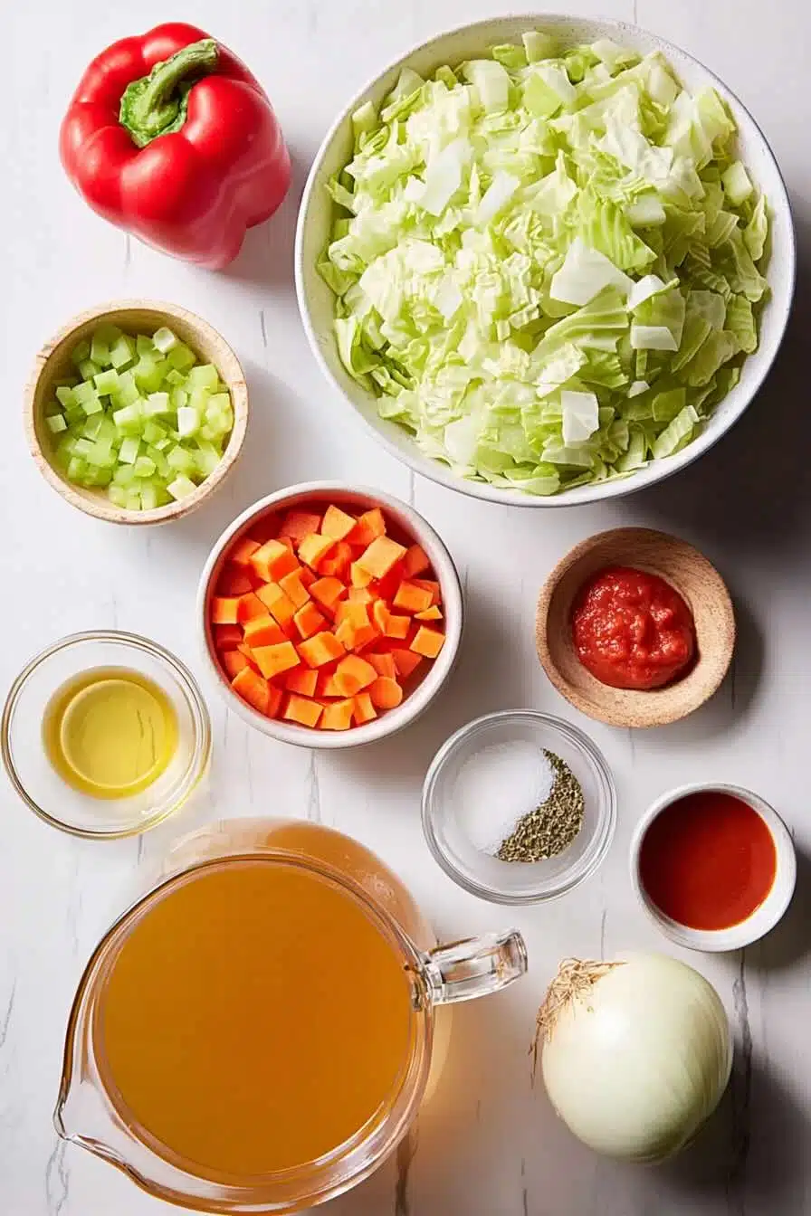 Cabbage soup ingredients on a marble surface: chopped cabbage, bell pepper, celery, diced carrots, tomato paste, olive oil, broth, onion, and seasonings.