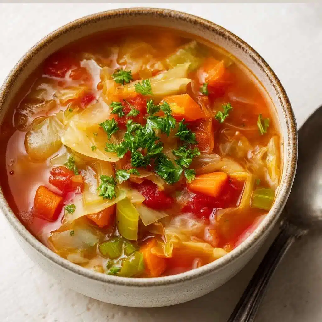 Bowl of low-calorie cabbage soup with cabbage, carrots, celery, and tomatoes, topped with fresh parsley, on a light surface with a spoon.