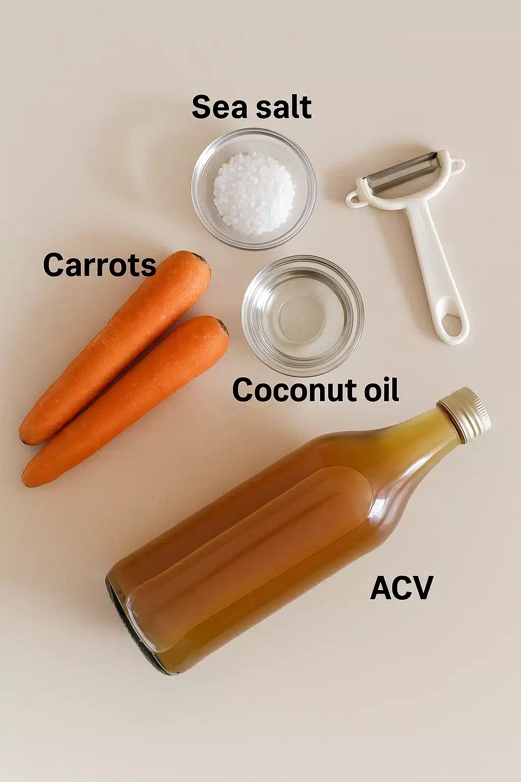 Raw carrot salad ingredients labeled on a beige surface: two whole carrots, sea salt in a glass bowl, coconut oil, apple cider vinegar in a bottle, and a vegetable peeler.