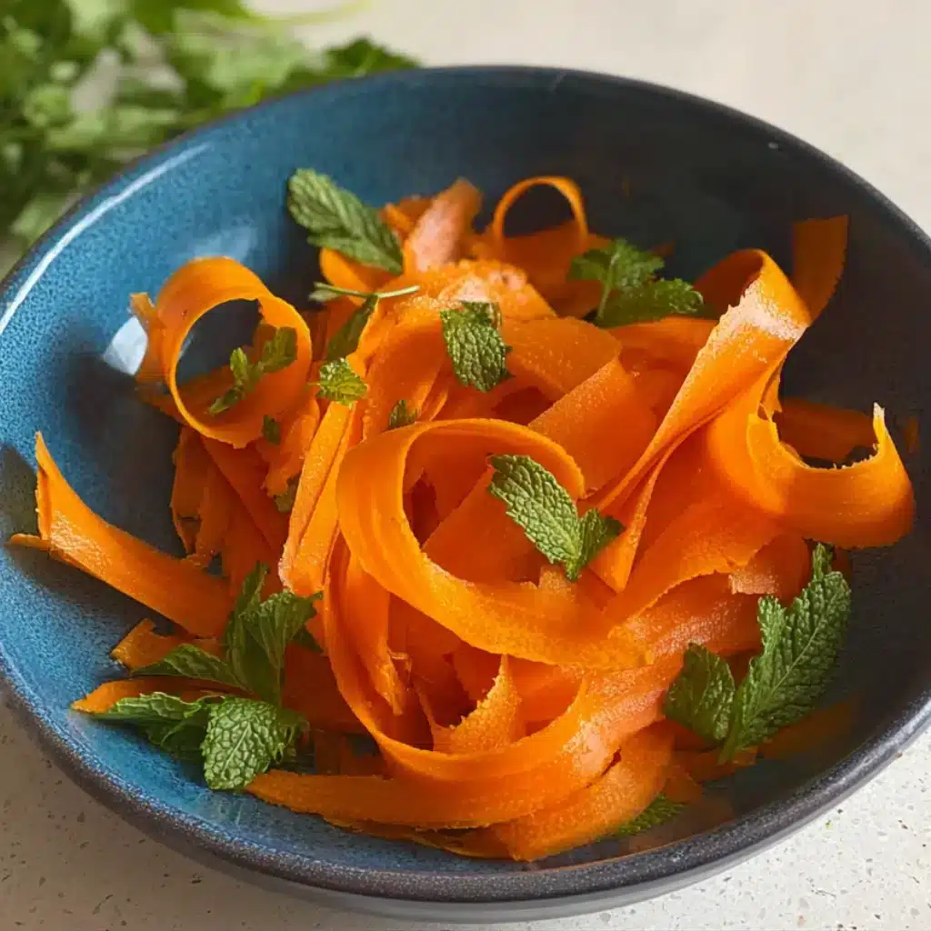 Raw carrot salad with peeled carrot ribbons and fresh mint leaves in a deep blue ceramic bowl.