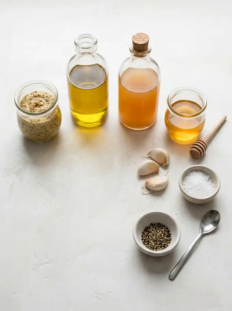 Dijon salad dressing ingredients on a white surface: jar of Dijon mustard, bottle of olive oil, apple cider vinegar, honey, garlic cloves, salt, and pepper.