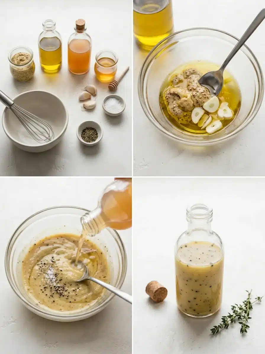 Four-step process for making Dijon salad dressing: gathering ingredients, mixing mustard with olive oil and garlic, whisking in vinegar, and pouring the finished dressing into a glass bottle.