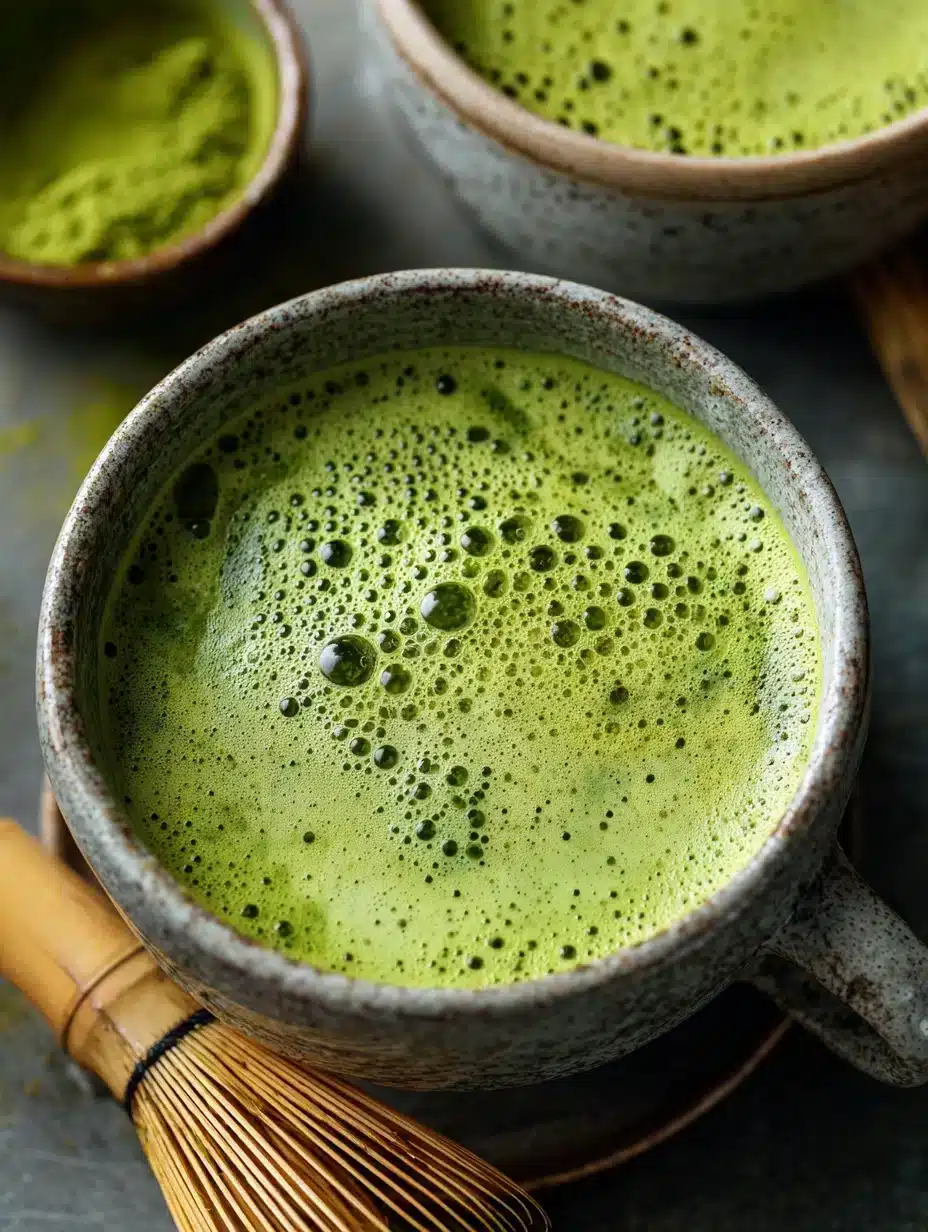 Close-up overhead view of frothy green matcha tea in a speckled ceramic mug with a bamboo whisk and small bowl of matcha powder.