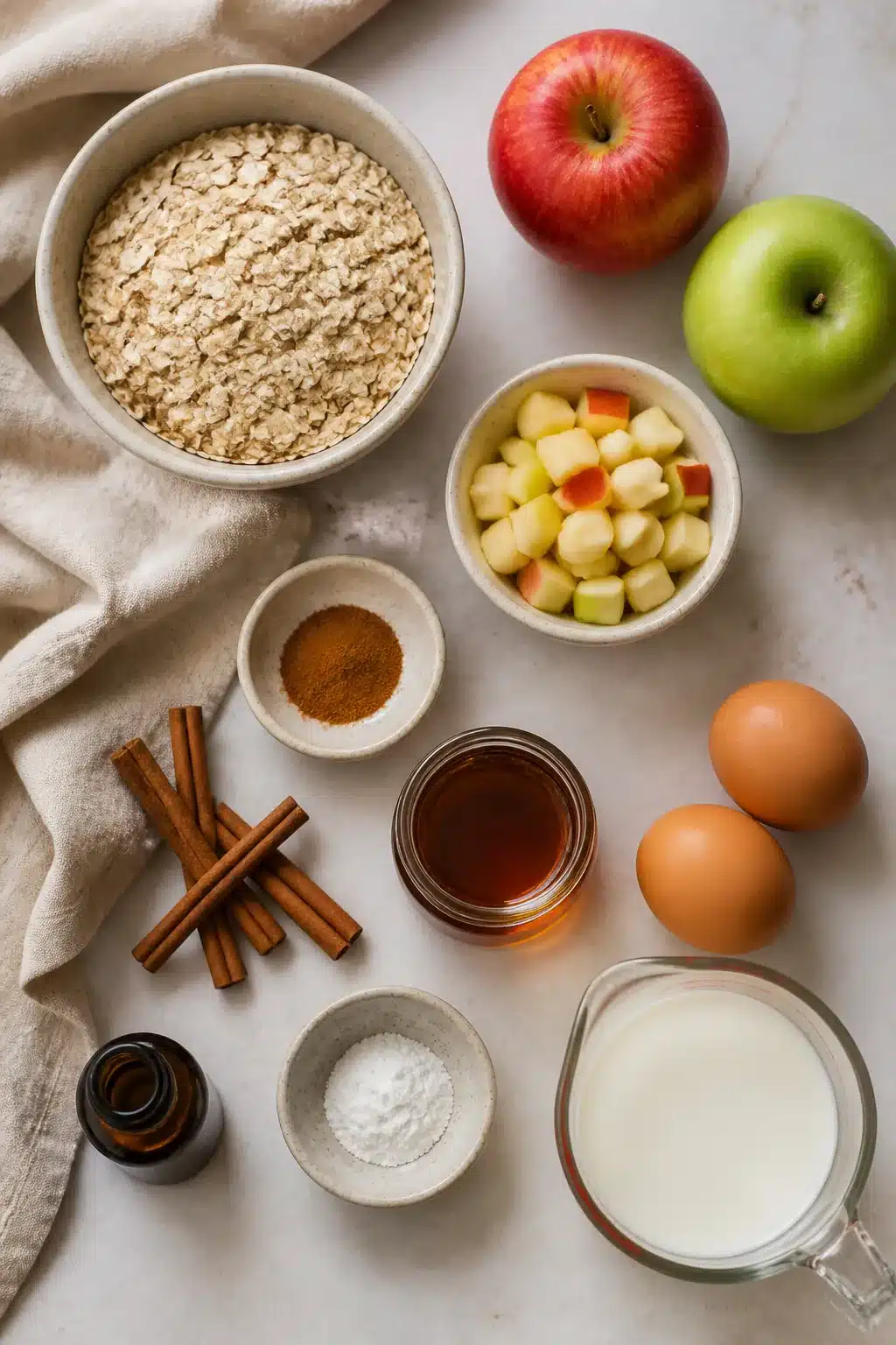 Ingredients for apple cinnamon baked oatmeal cups laid out on a counter