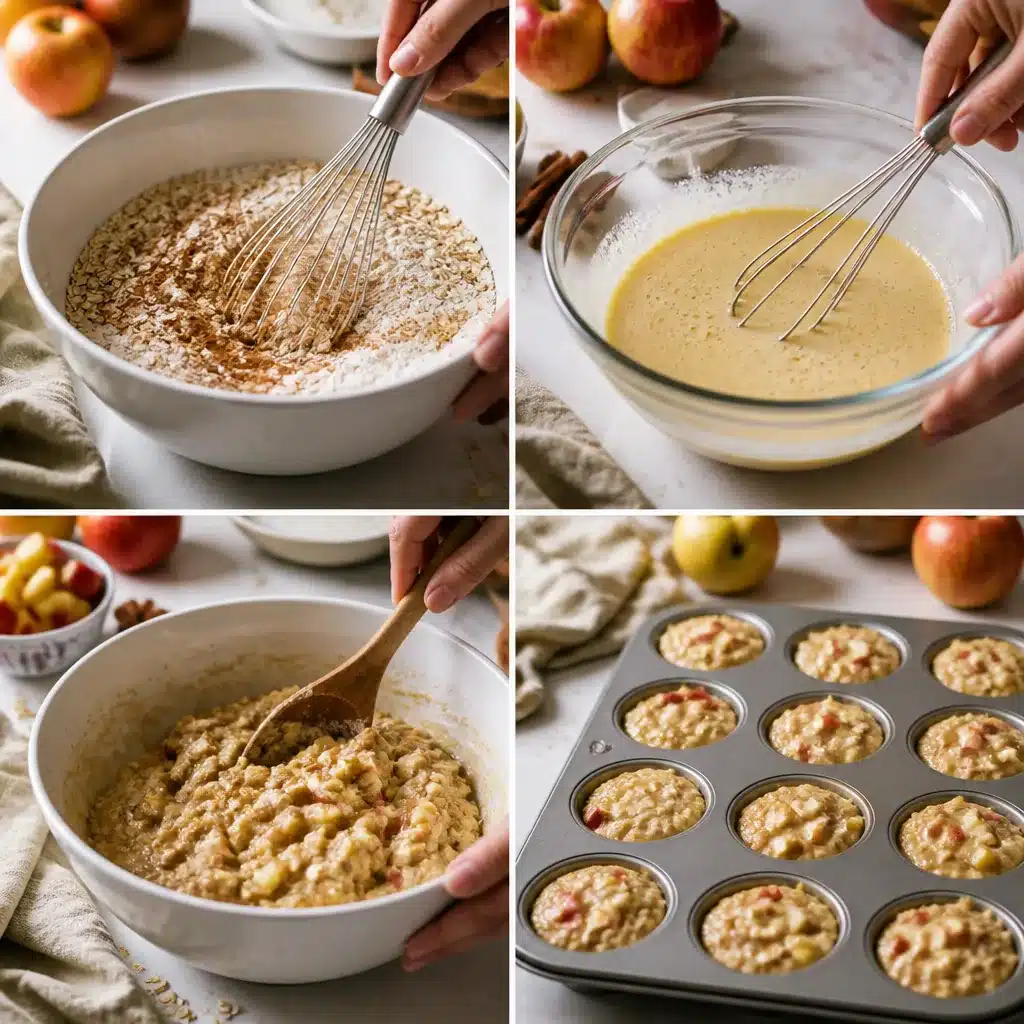 Step by step grid mixing apple cinnamon oatmeal cup batter