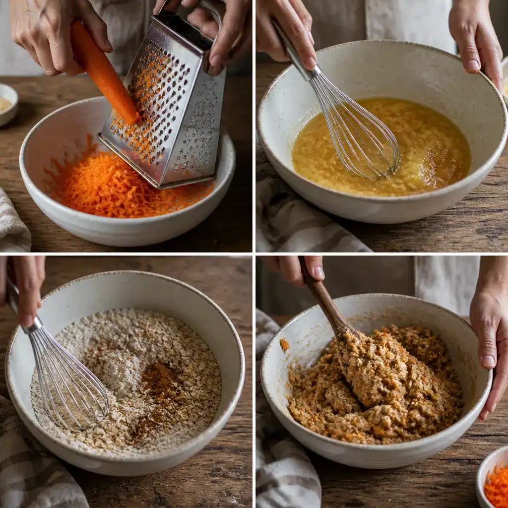 Four-panel grid showing how to make carrot cake oatmeal cookies: grating carrots, mixing wet ingredients, combining dry ingredients, and folding the dough.