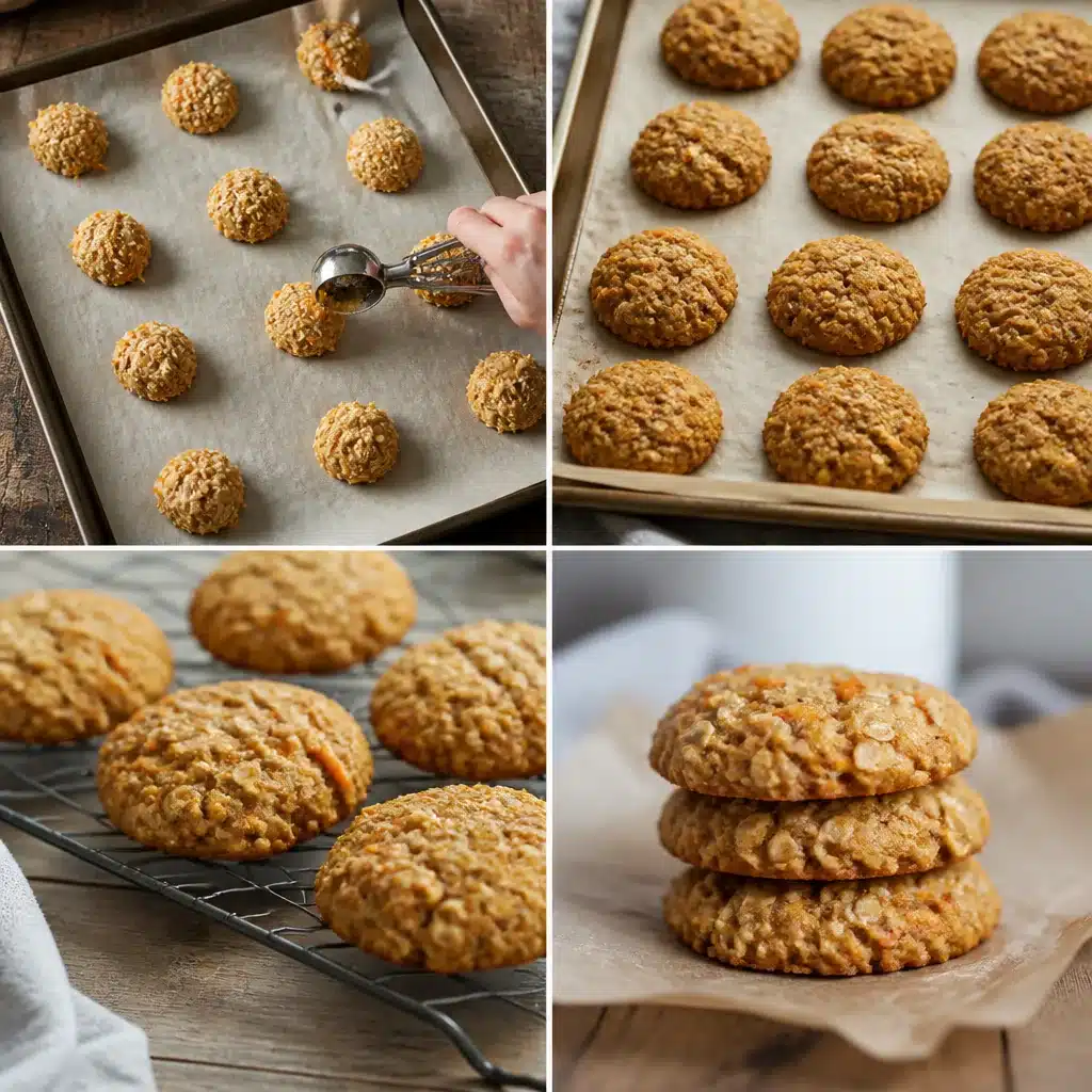 Four-panel grid showing carrot oatmeal cookies: scooping dough, baking until golden, cooling on a wire rack, and the finished cookie stack.